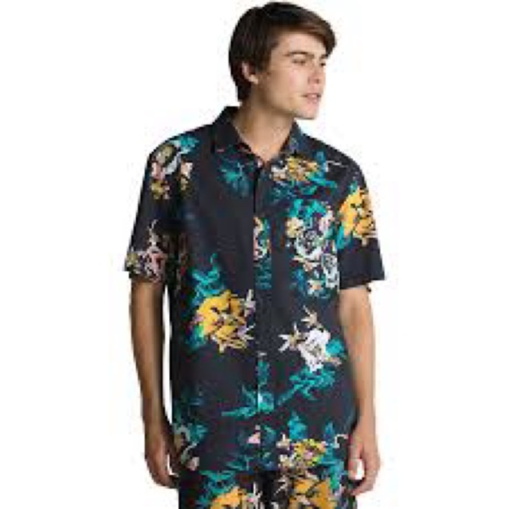 Vans Men's Button-Down Short-Sleeve Shirt floral tropical print classic fit Sz M